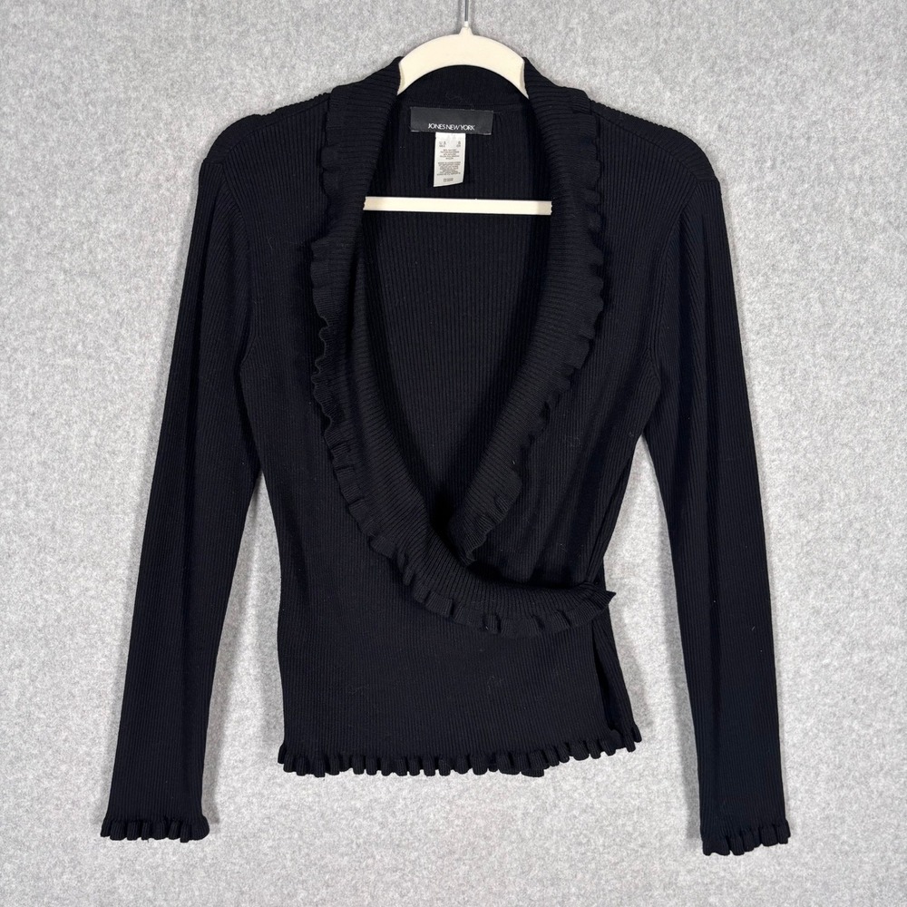 Jones New York Wrap Ruffle Cardigan Sweater Small‎ Ribbed Feminine Whimsigoth